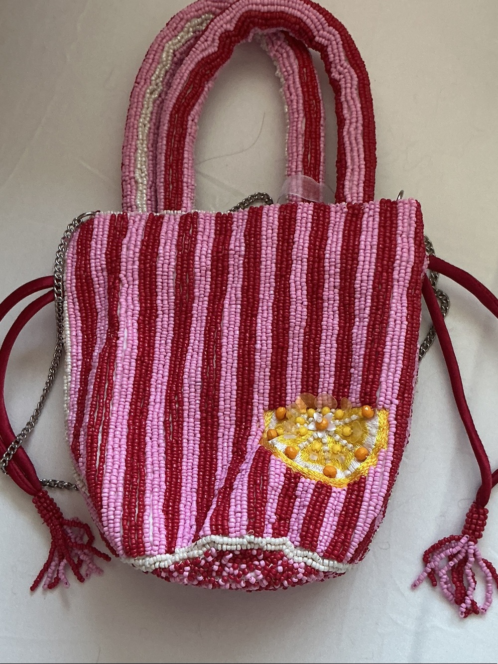 Pink and Red Striped Beaded Lemon Tote Bag - Picture 6 of 8